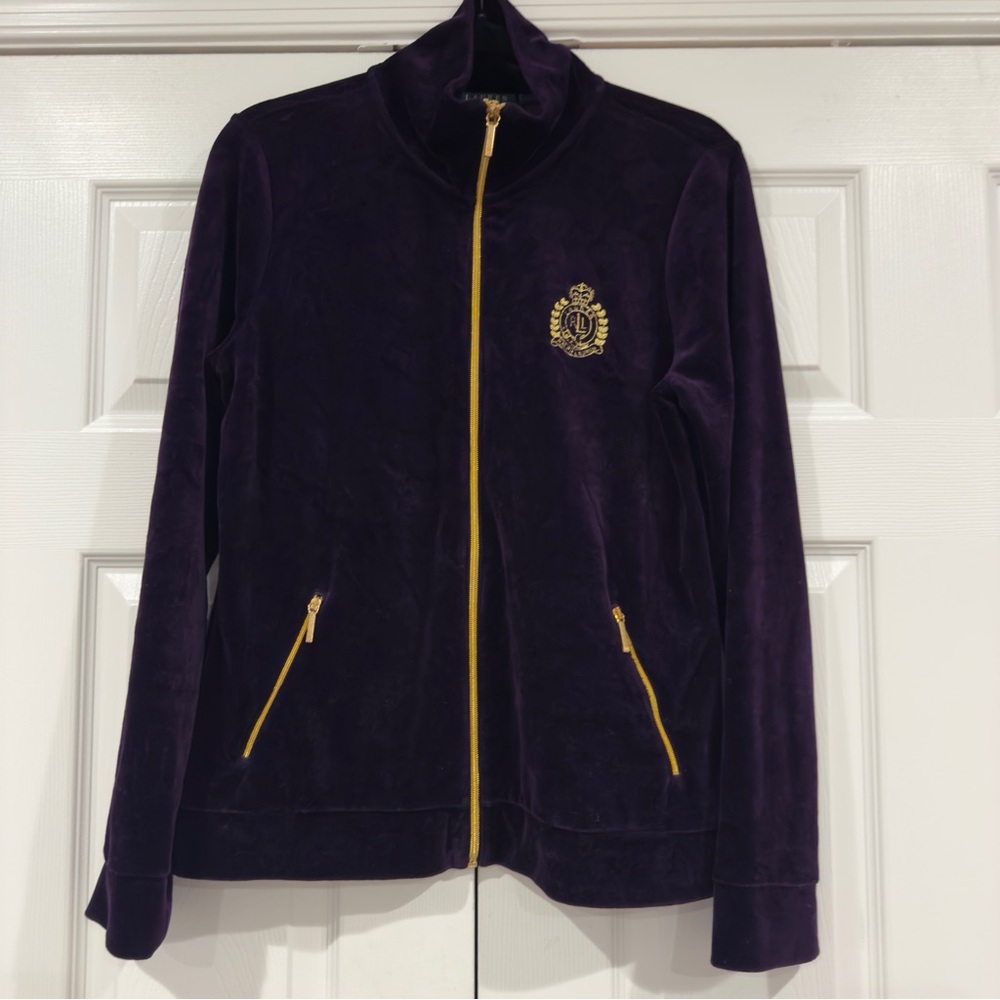 Lauren Ralph Lauren Purple Velvet Full Zip Jacket Women Size L Gold Accent Crest